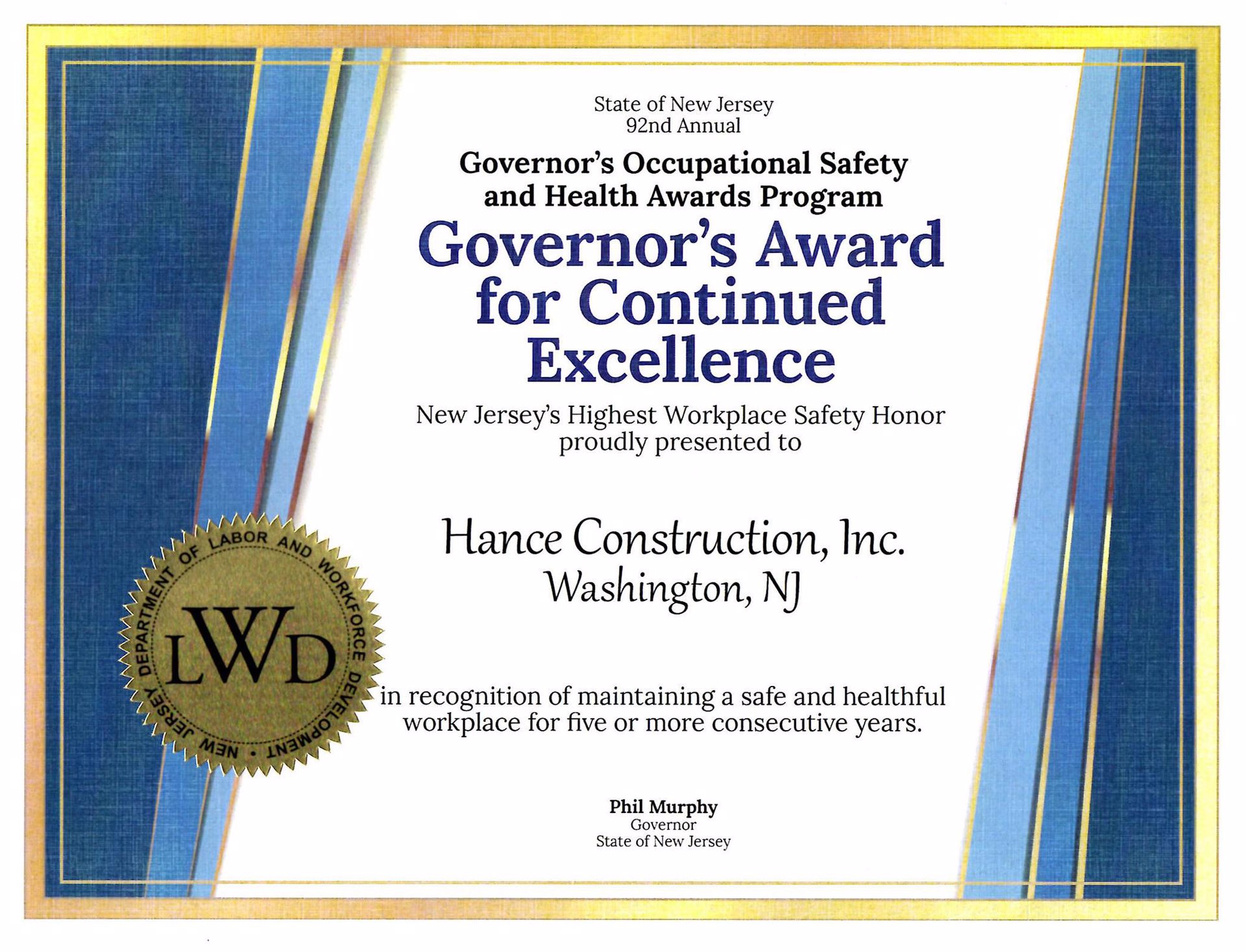Hance Receives Governor's Award for Continued Excellence for 2019 ...
